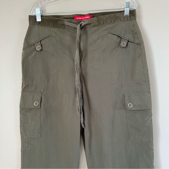Y2K VTG Gloria Vanderbilt Cotton Olive Wide Leg Cargo Pants Waist SZ 12 - Picture 2 of 12